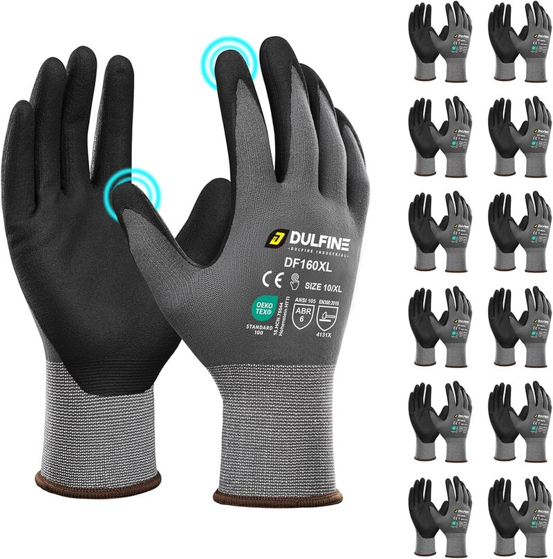 DULFINE Safety Work Gloves MicroFoam Nitrile Coated-12 Pairs Pack,Seamless Knit Nylon Glove with Black Micro-Foam Nitrile Grip,Ideal for General Purpose,Automotive,Home Improvement,Painting(XX-Large) - Image 1
